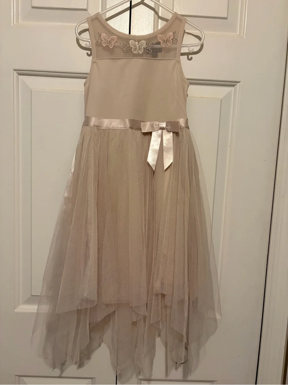 Blush Cream High-Low Tulle Dress with Satin Bow and Butterfly Accents